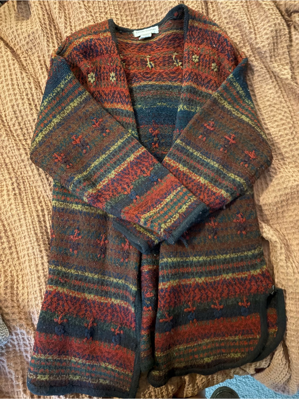 80s Vintage Casual Corner Multicolor Knit Sweater Cardigan- Rust, Navy & Mustard